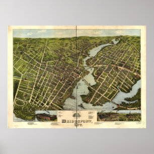 Poster Mapa Panorâmico Anterior do Bridgeport Connecticut