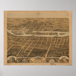 Pôster Mapa panorâmico antigo da Batávia Illinois 1869