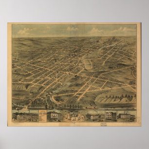 Pôster Mapa panorâmico antigo de Akron Ohio 1870