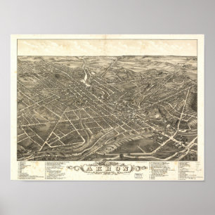 Pôster Mapa panorâmico antigo de Akron Ohio 1882