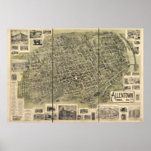 Poster Mapa panorâmico antigo de Allentown Pensilvânia