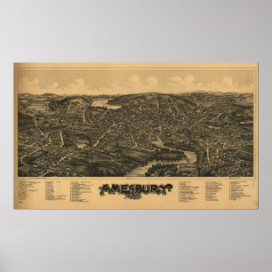 Poster Mapa panorâmico antigo de Amesbury Massachusetts