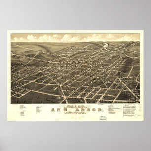 Poster Mapa panorâmico antigo de Ann Arbor Michigan 1880