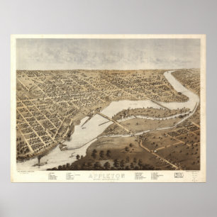 Pôster Mapa panorâmico antigo de Appleton Wisconsin 1887