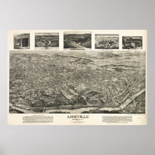 Pôster Mapa panorâmico antigo de Asheville N. Carolina