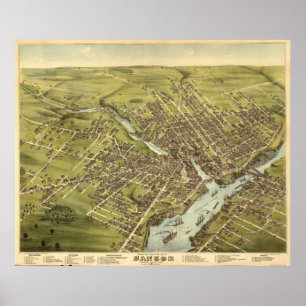 Poster Mapa panorâmico antigo de Bangor Maine 1875