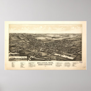 Pôster Mapa panorâmico antigo de Bellevue Ohio 1888