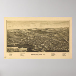 Pôster Mapa panorâmico antigo de Bennington Vermont 1887