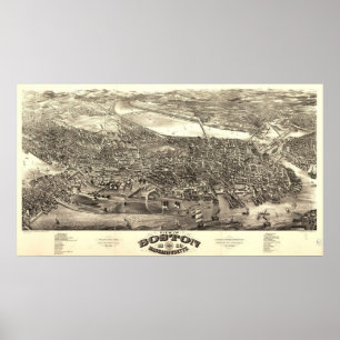 Pôster Mapa panorâmico antigo de Boston Massachusetts