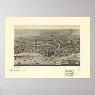 Pôster Mapa panorâmico antigo de Chicago Illinois 1860