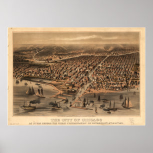 Poster Mapa panorâmico antigo de Chicago Illinois 1871