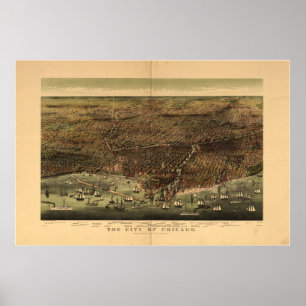 Pôster Mapa panorâmico antigo de Chicago Illinois 1892