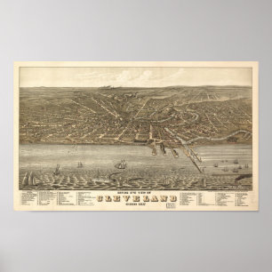 Pôster Mapa panorâmico antigo de Cleveland Ohio 1877