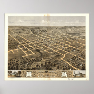Poster Mapa panorâmico antigo de Colômbia Missouri 1869