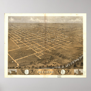 Poster Mapa panorâmico antigo de Decatur Illinois 1869