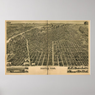 Pôster Mapa panorâmico antigo de Denver Colorado 1889