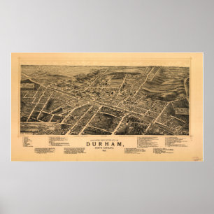 Pôster Mapa panorâmico antigo de Durham N. Carolina 1891
