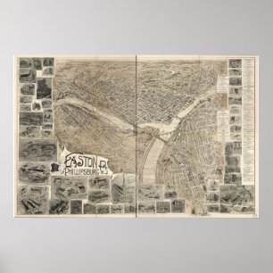 Pôster Mapa panorâmico antigo de Easton Pensilvânia 190