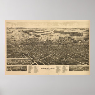 Pôster Mapa panorâmico antigo de Findlay Ohio 1889