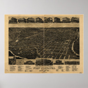 Poster Mapa panorâmico antigo de Fort Worth Texas 1886