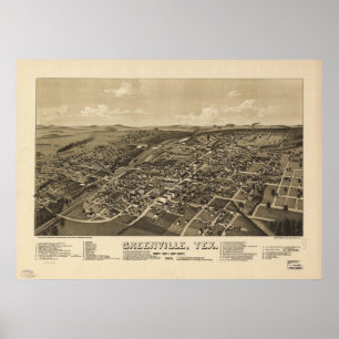 Poster Mapa panorâmico antigo de Greenville Texas 1886