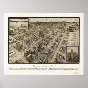Pôster Mapa panorâmico antigo de Houston Texas 1912 do