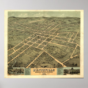 Pôster Mapa panorâmico antigo de Huntsville Alabama 1871