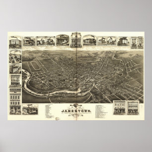 Poster Mapa panorâmico antigo de Jamestown New York 1882