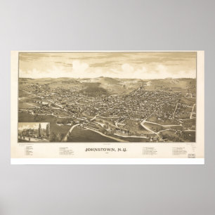 Poster Mapa panorâmico antigo de Johnstown New York 1888