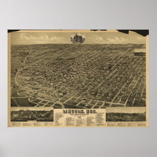 Poster Mapa panorâmico antigo de Lincoln Nebraska 1889