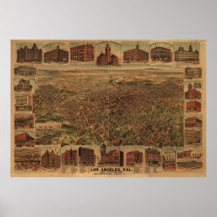 Pôster Mapa panorâmico antigo de Los Angeles Califórnia
