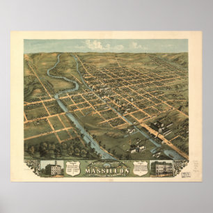 Pôster Mapa panorâmico antigo de Massillon Ohio 1870