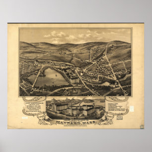 Poster Mapa panorâmico antigo de Maynard Massachusetts