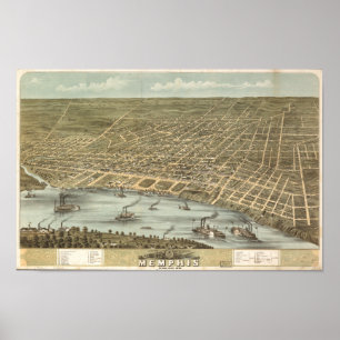 Poster Mapa panorâmico antigo de Memphis Tennessee 1870
