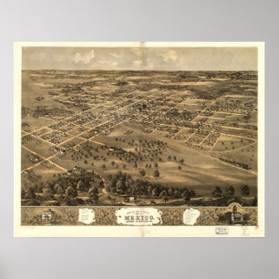 Pôster Mapa panorâmico antigo de México Missouri 1869