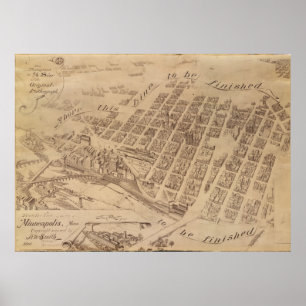 Pôster Mapa panorâmico antigo de Minneapolis Minnesota
