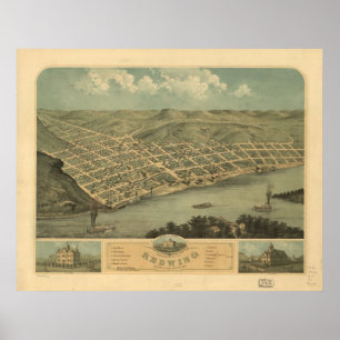 Pôster Mapa panorâmico antigo de Minnesota 1868 vermelho