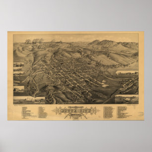 Poster Mapa panorâmico antigo de Montana 1884 do