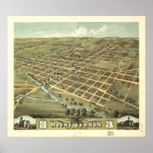 Pôster Mapa panorâmico antigo de Mount Vernon Ohio 1870