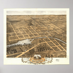 Pôster Mapa panorâmico antigo de Naperville Illinois 186