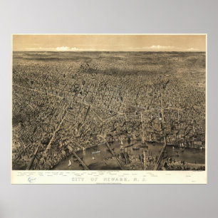 Pôster Mapa panorâmico antigo de Newark New-jersey 1874