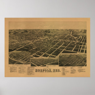 Pôster Mapa panorâmico antigo de Norfolk Nebraska 1889