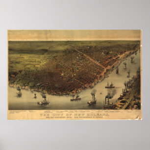 Poster Mapa panorâmico antigo de Nova Orleães Louisana