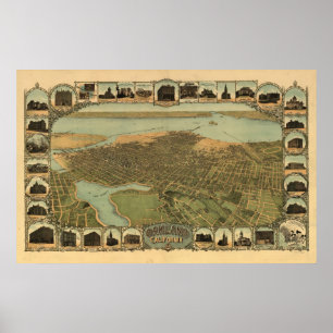 Pôster Mapa panorâmico antigo de Oakland Califórnia 190