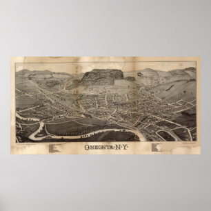 Poster Mapa panorâmico antigo de Oneonta New York 1884