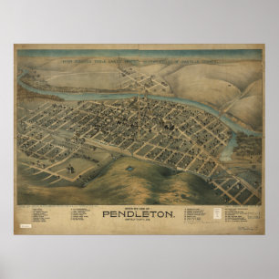 Pôster Mapa panorâmico antigo de Pendleton Oregon 1890
