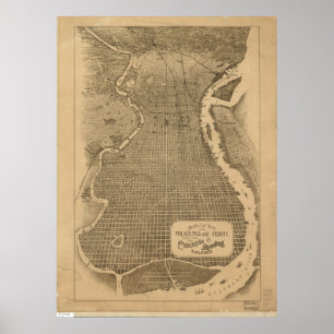 Poster Mapa panorâmico antigo de Philadelphfia Penn 1870