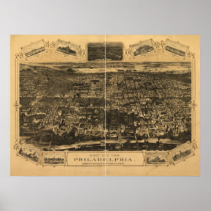 Pôster Mapa panorâmico antigo de Philadelphfia Penn 1876