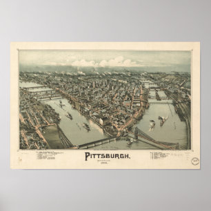 Pôster Mapa panorâmico antigo de Pittsburgh Pensilvânia