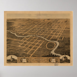 Poster Mapa panorâmico antigo de Pontiac Illinois 1869